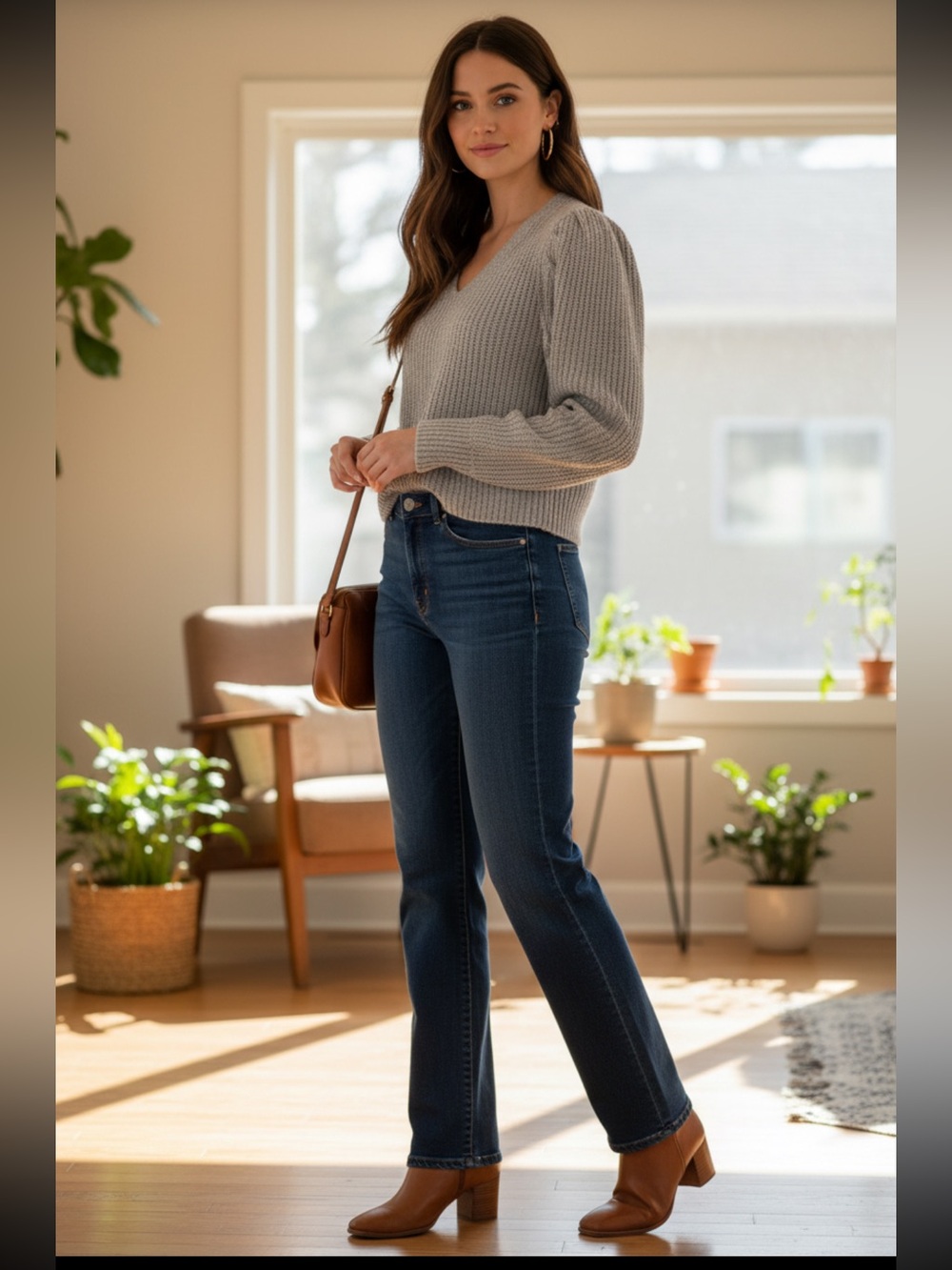 Universal Thread Chunky Knit V-Neck Puff Sleeve Sweater in Light Taupe